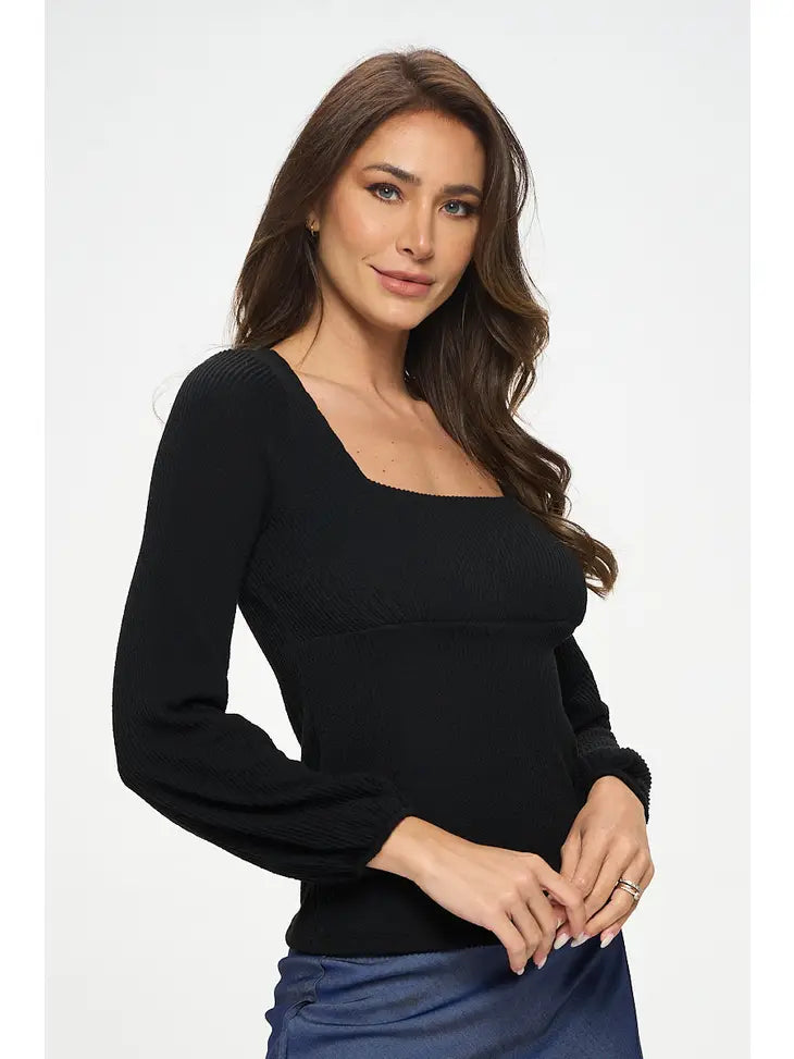 Square Neck Rib Knit Long Sleeve Top