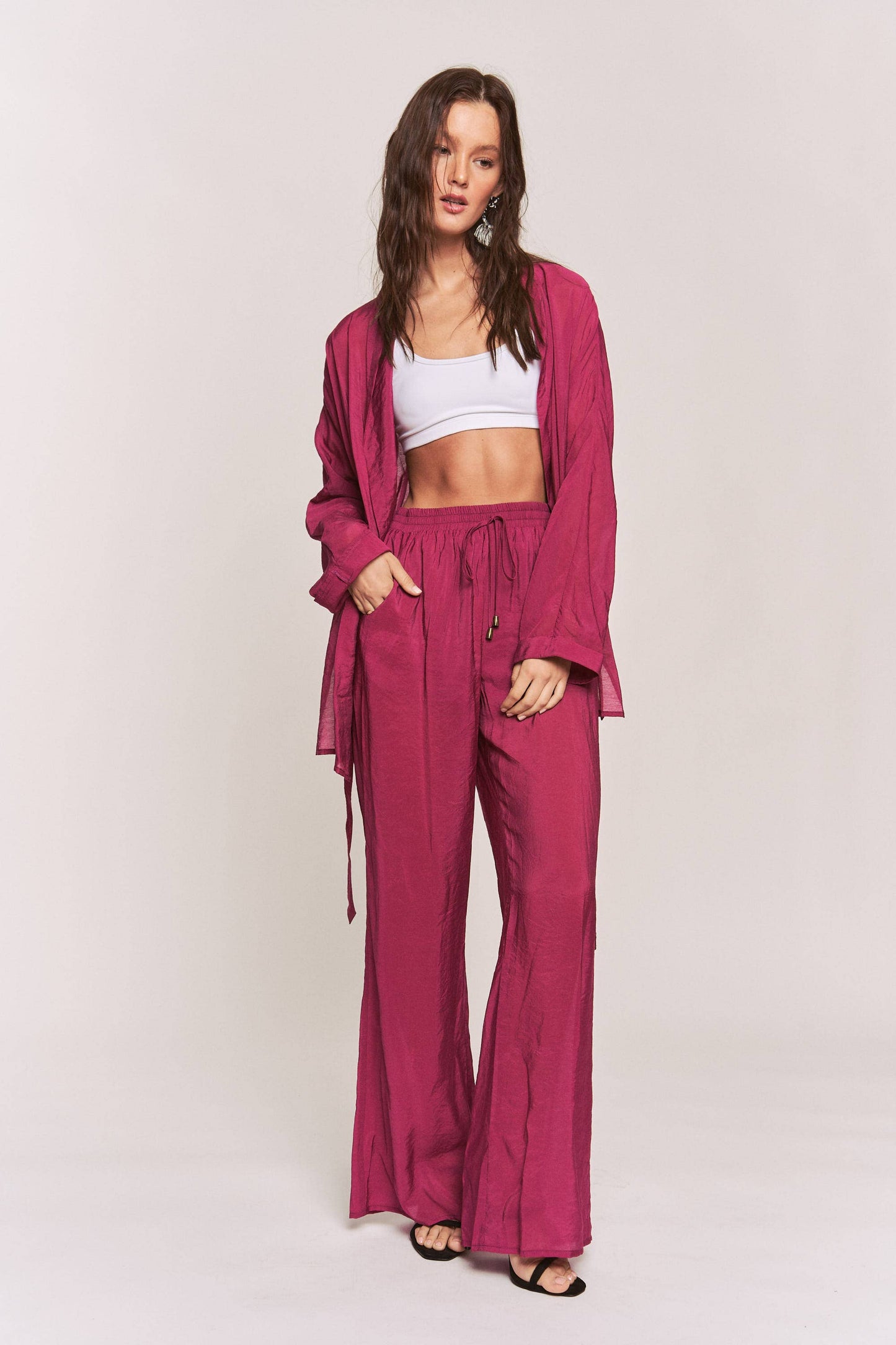 Hers & Mine - Side Slit Open Cardigan and Tie Waist Pants
