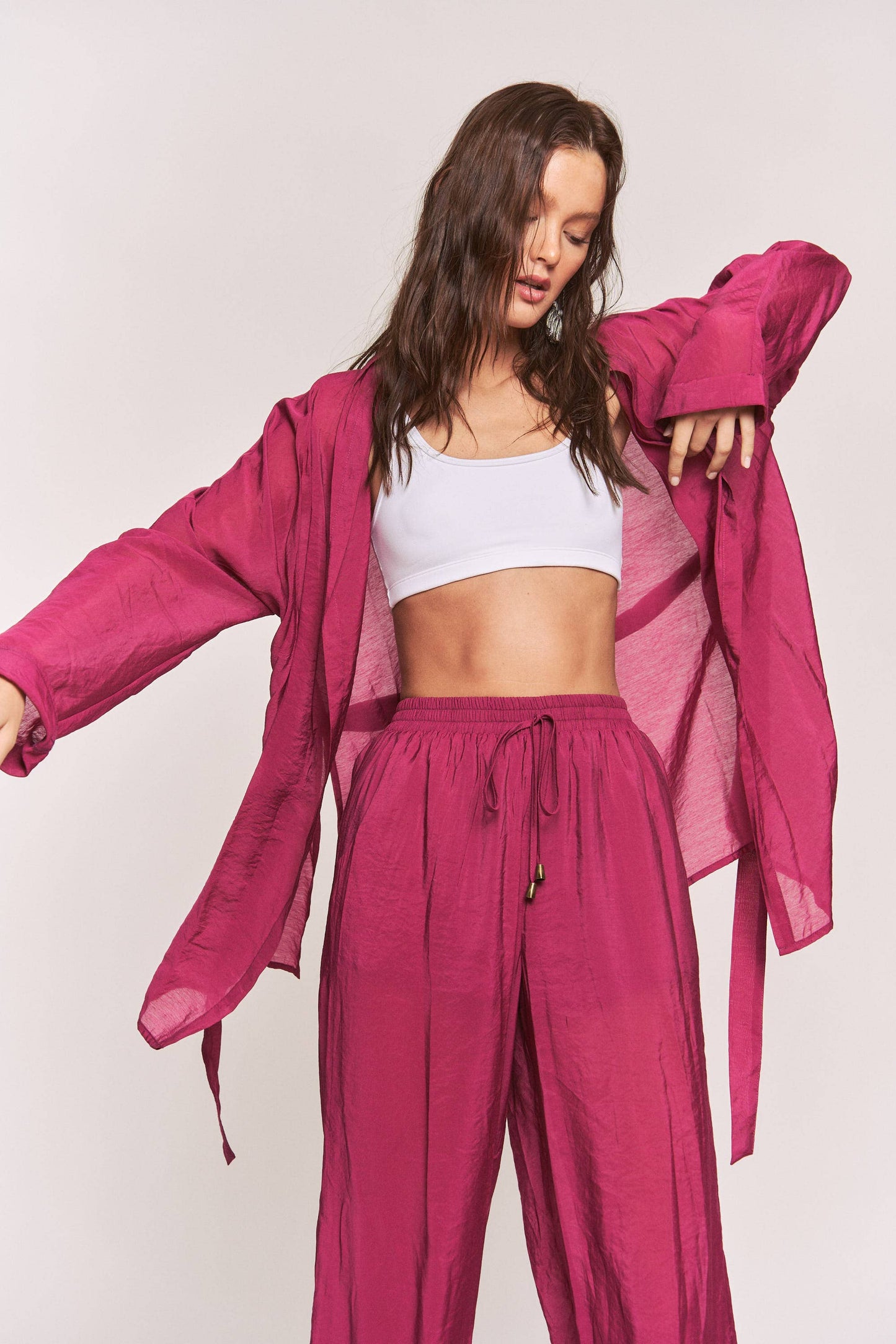 Hers & Mine - Side Slit Open Cardigan and Tie Waist Pants