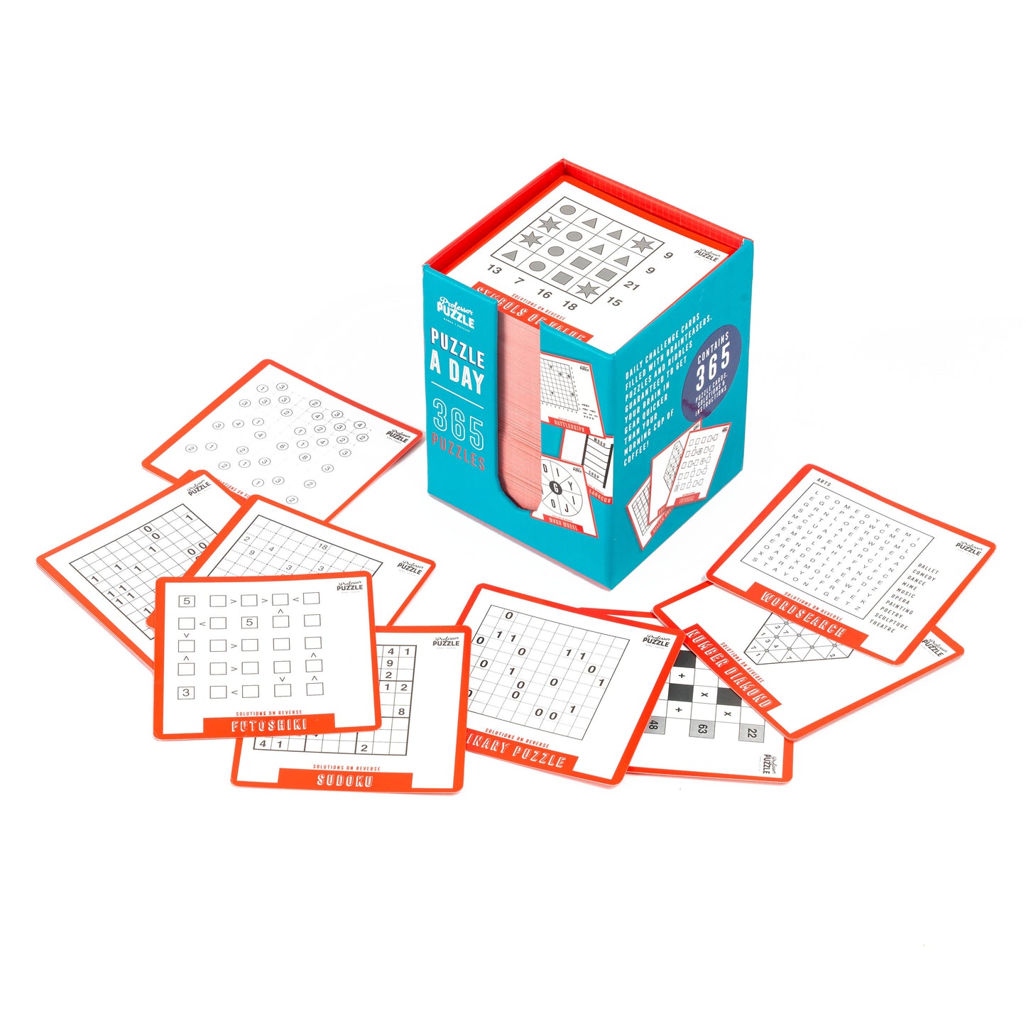 Puzzle a Day box with daily puzzle sheets on a white background