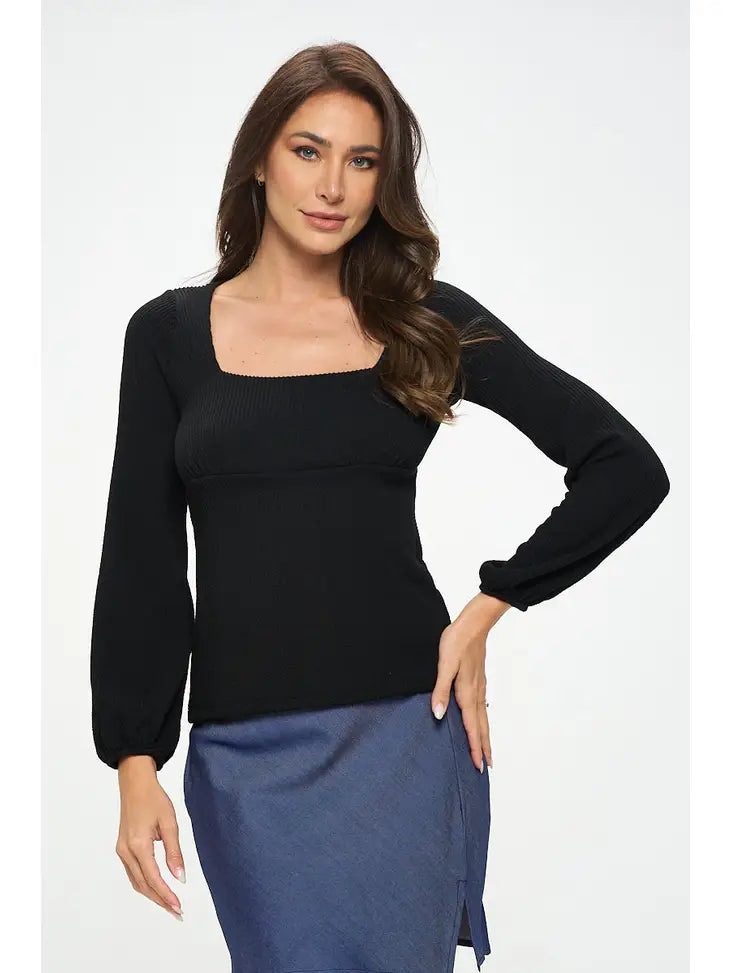 Square Neck Rib Knit Long Sleeve Top