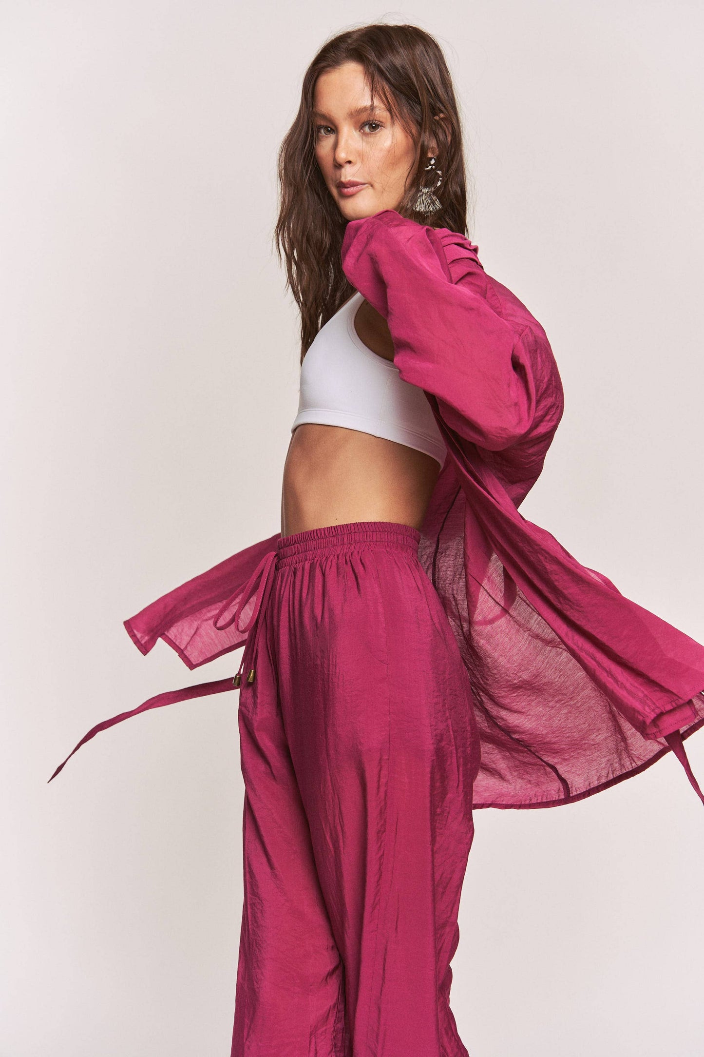 Hers & Mine - Side Slit Open Cardigan and Tie Waist Pants