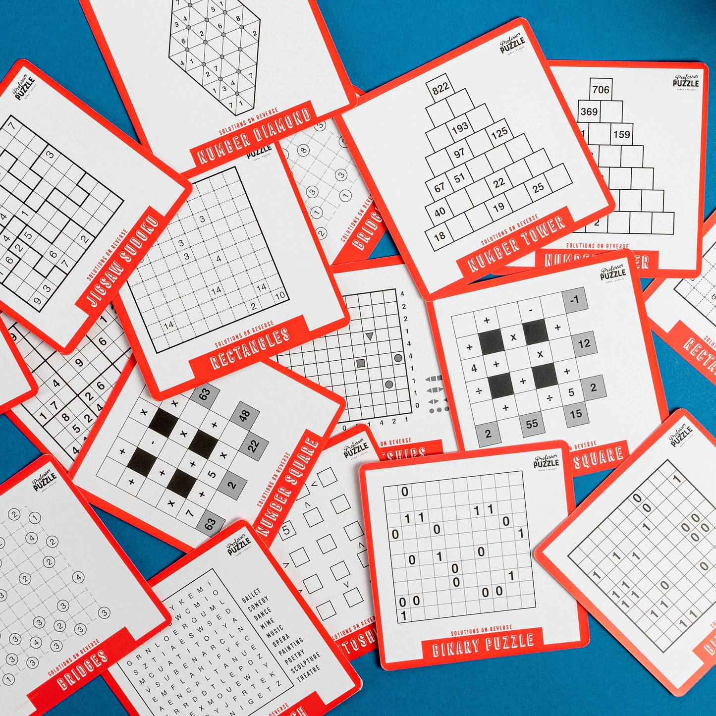 Collection of Sudoku and logic puzzles on a blue background