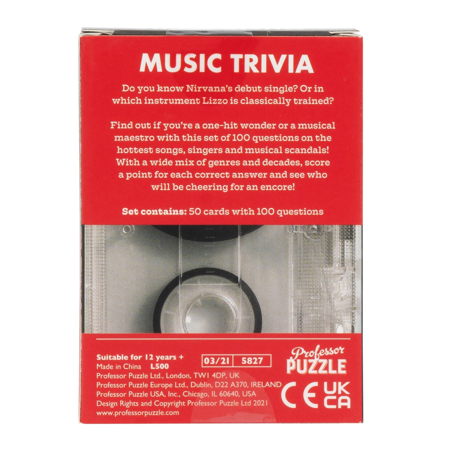 Music trivia game box with red cover and white text on a white background