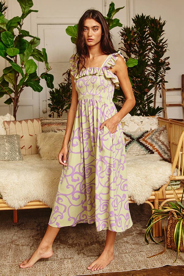 Ruffled Smocked Bodice Woven Midi Dress