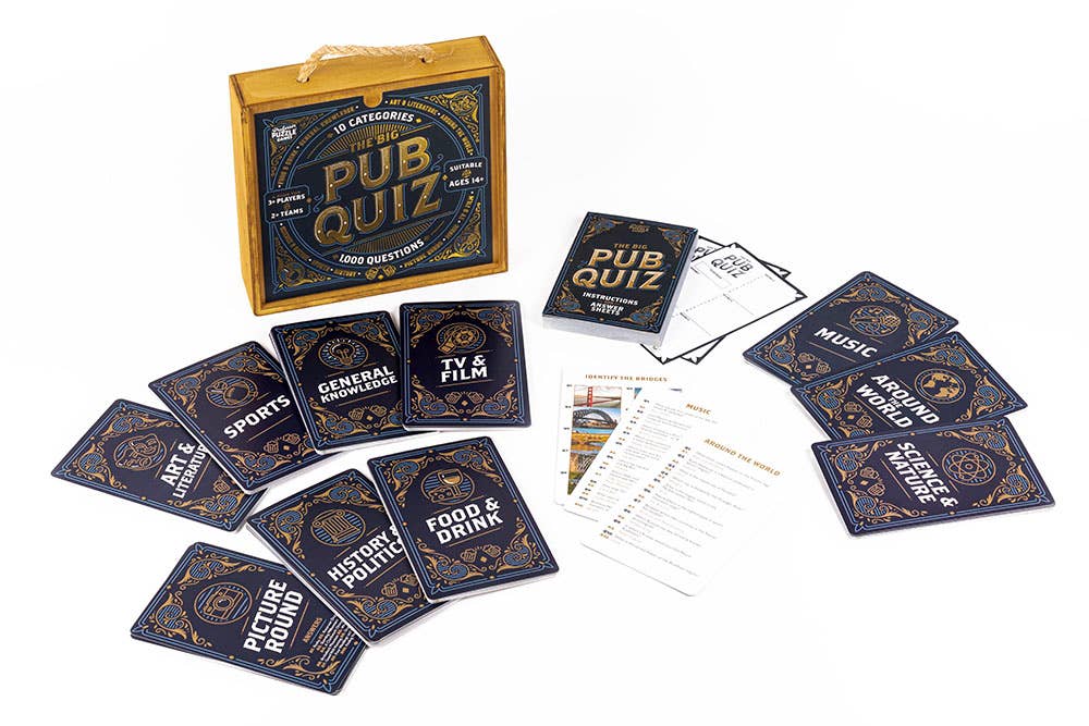 Pub Quiz game set with question cards and instructions on a white background