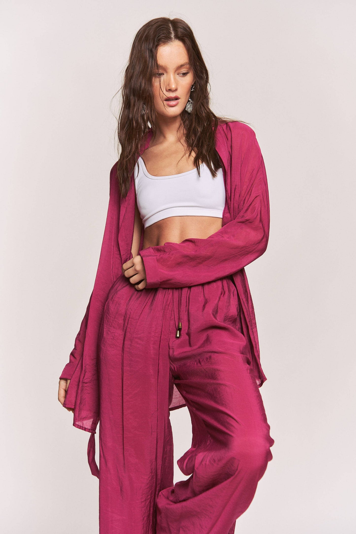 Hers & Mine - Side Slit Open Cardigan and Tie Waist Pants