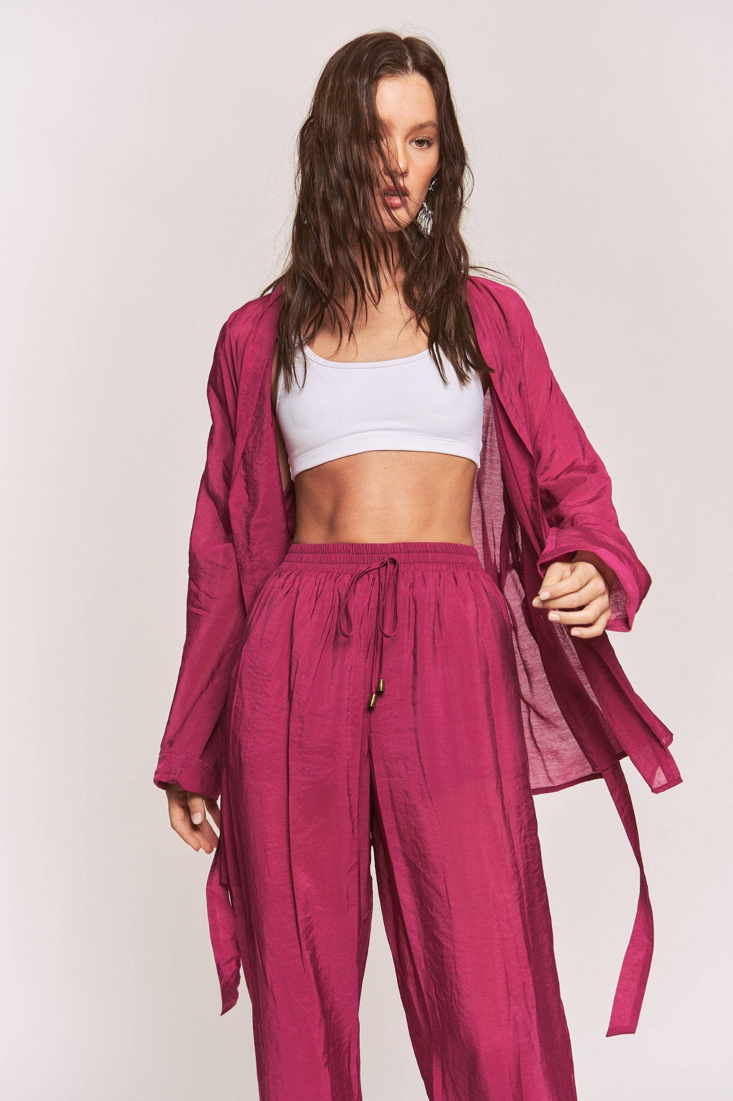Hers & Mine - Side Slit Open Cardigan and Tie Waist Pants
