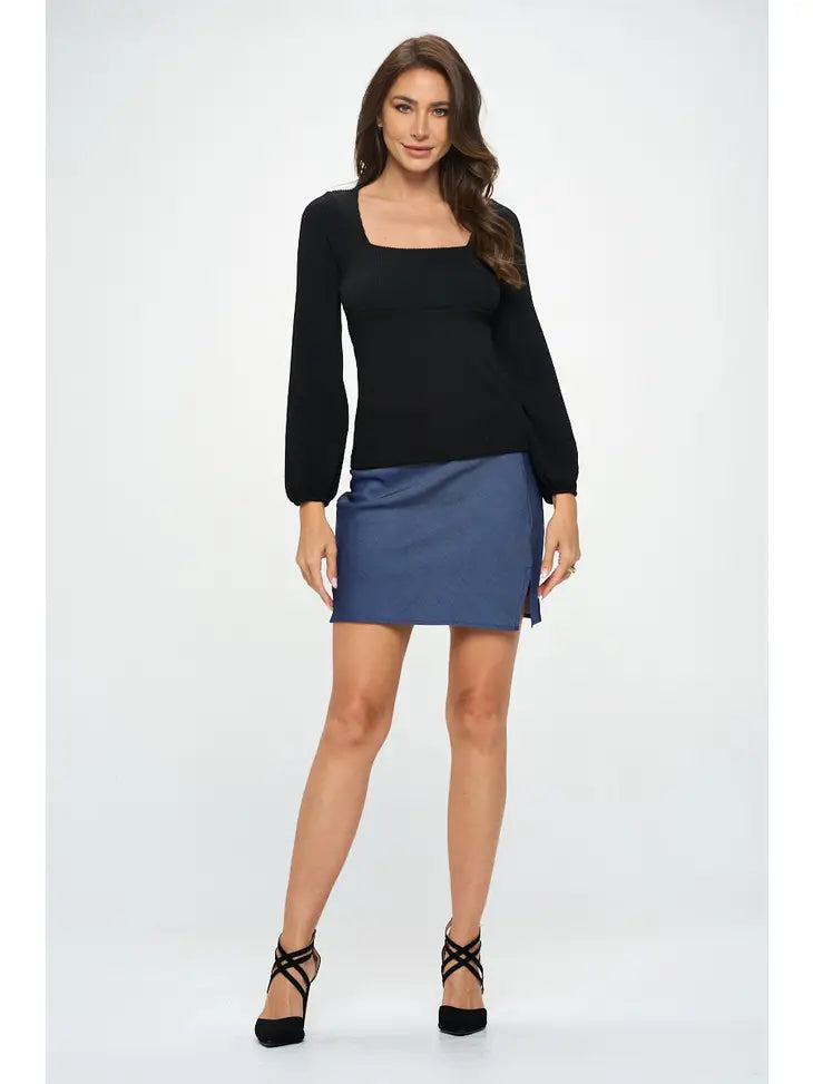 Square Neck Rib Knit Long Sleeve Top