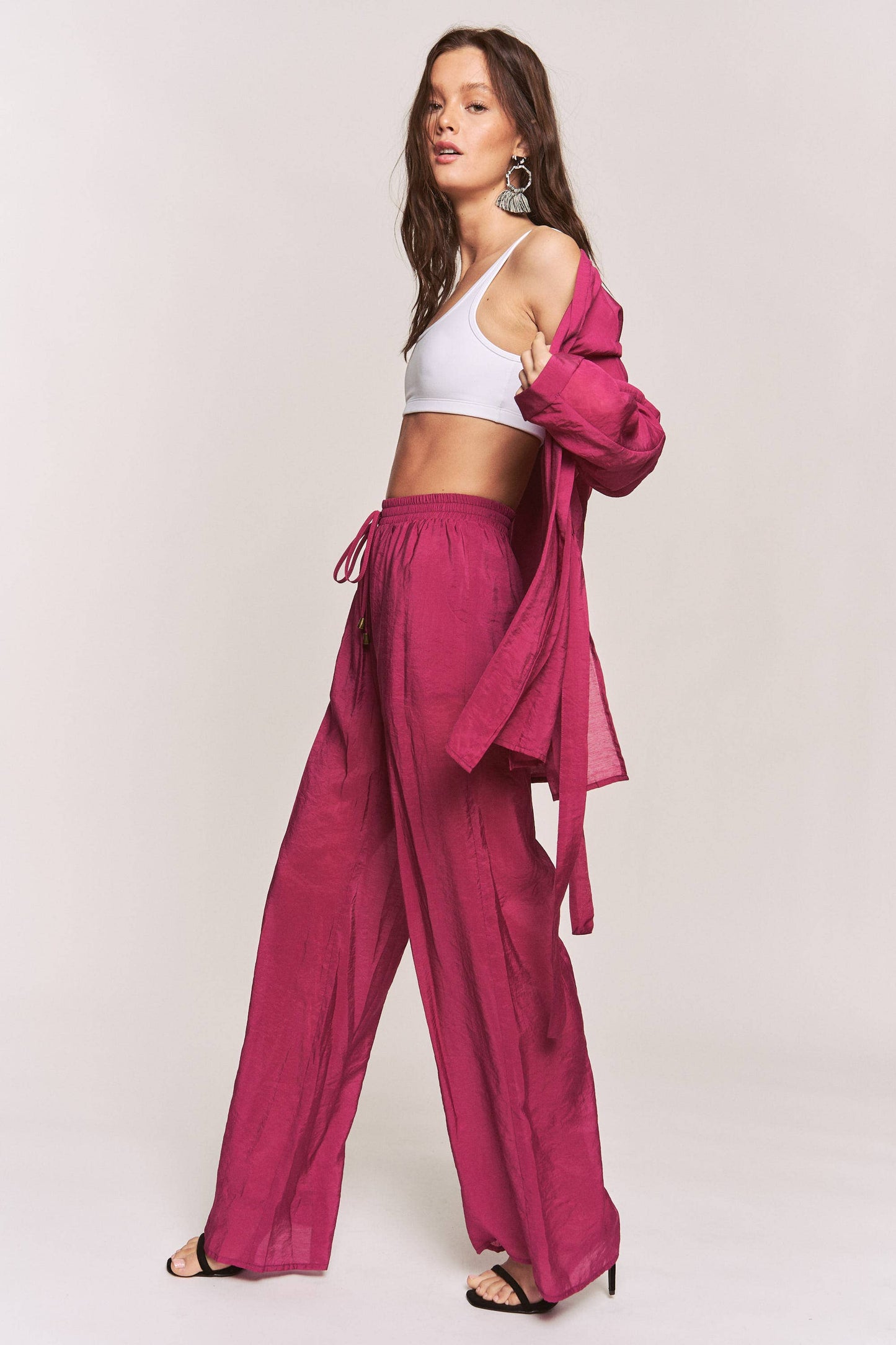 Hers & Mine - Side Slit Open Cardigan and Tie Waist Pants