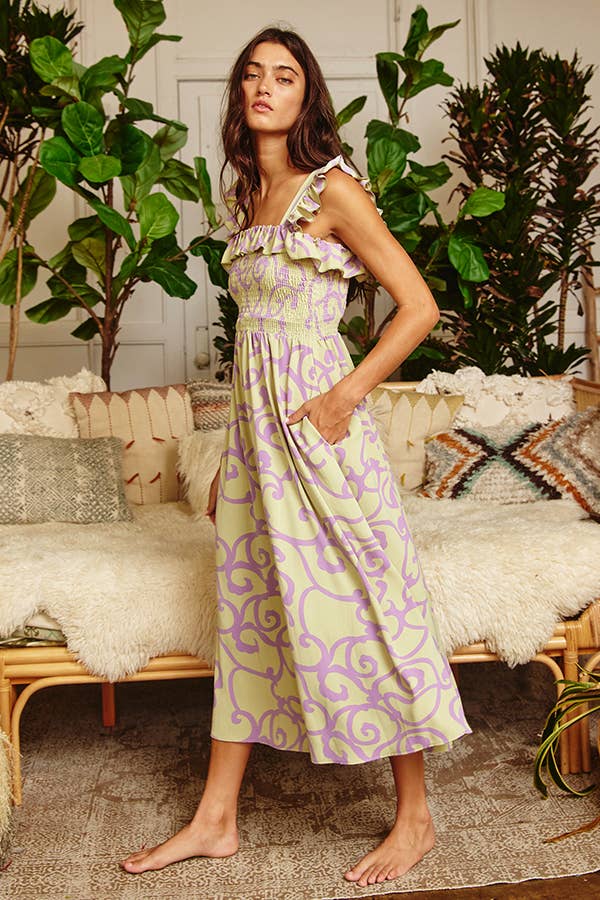 Ruffled Smocked Bodice Woven Midi Dress
