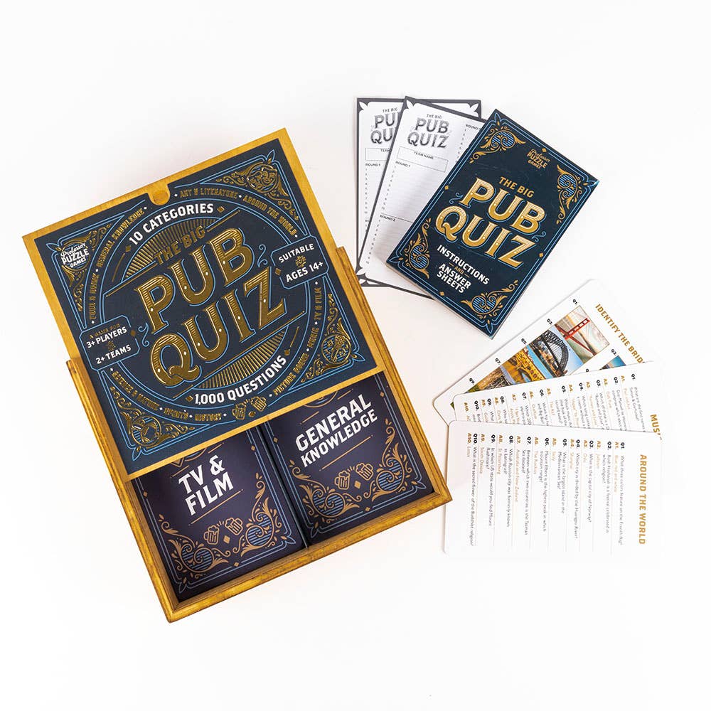 Pub Quiz game set with cards and box on a white background
