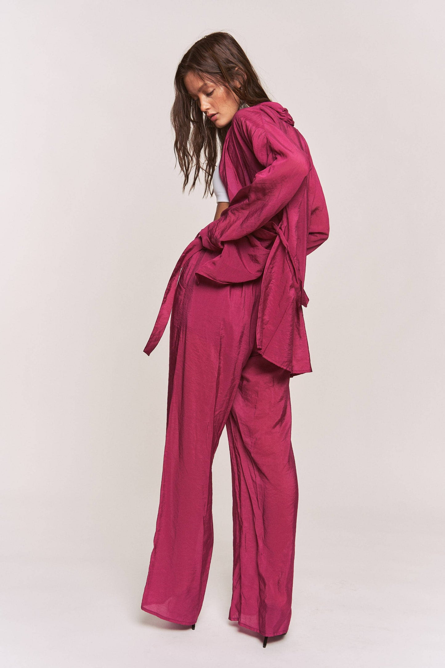 Hers & Mine - Side Slit Open Cardigan and Tie Waist Pants
