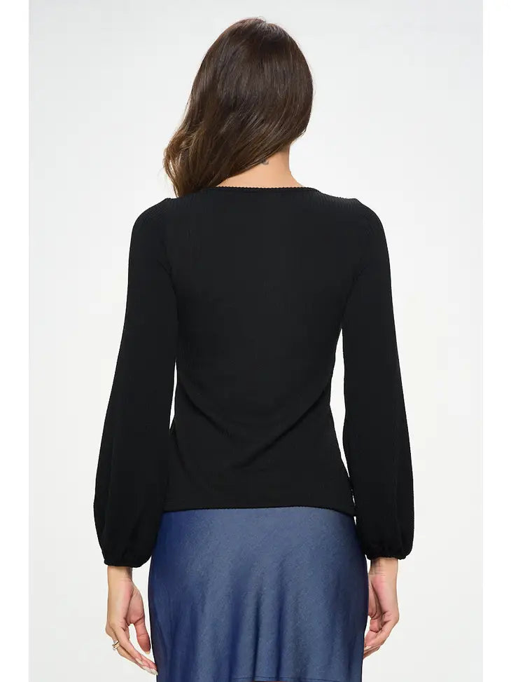 Square Neck Rib Knit Long Sleeve Top