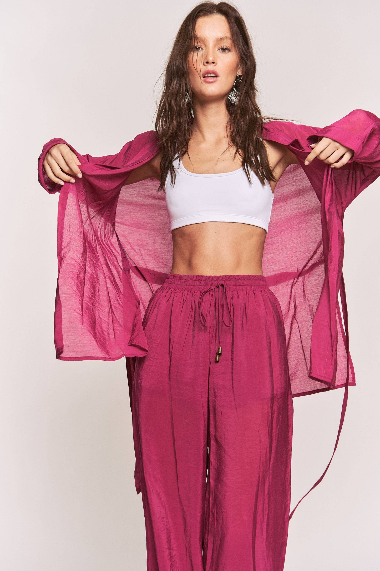 Hers & Mine - Side Slit Open Cardigan and Tie Waist Pants