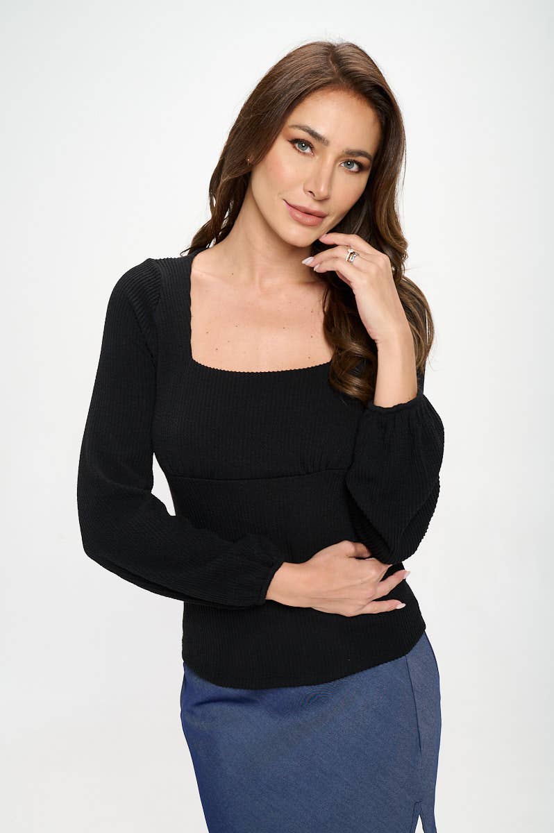 Square Neck Rib Knit Long Sleeve Top