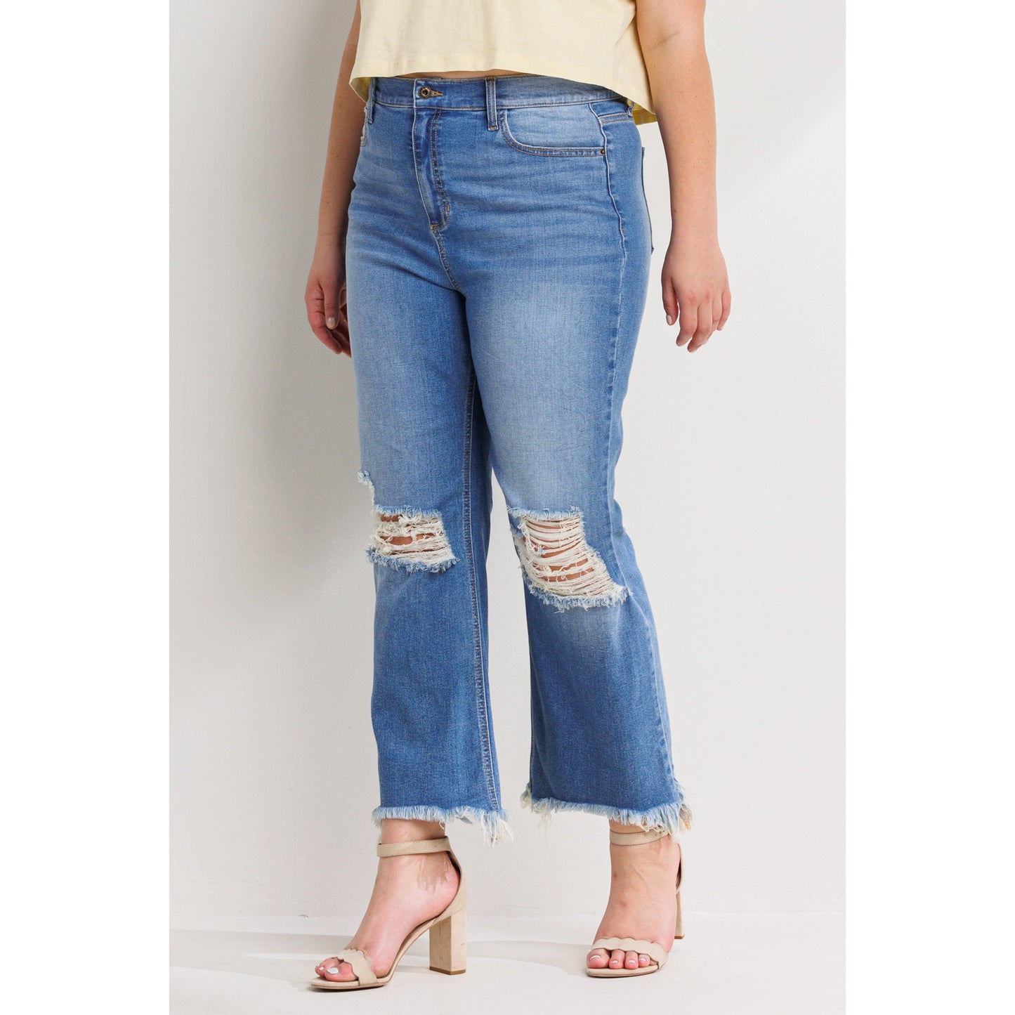 SneakPeek - High Rise Plus Size Straight Leg Jeans with Fray Hen and Distressed Knees