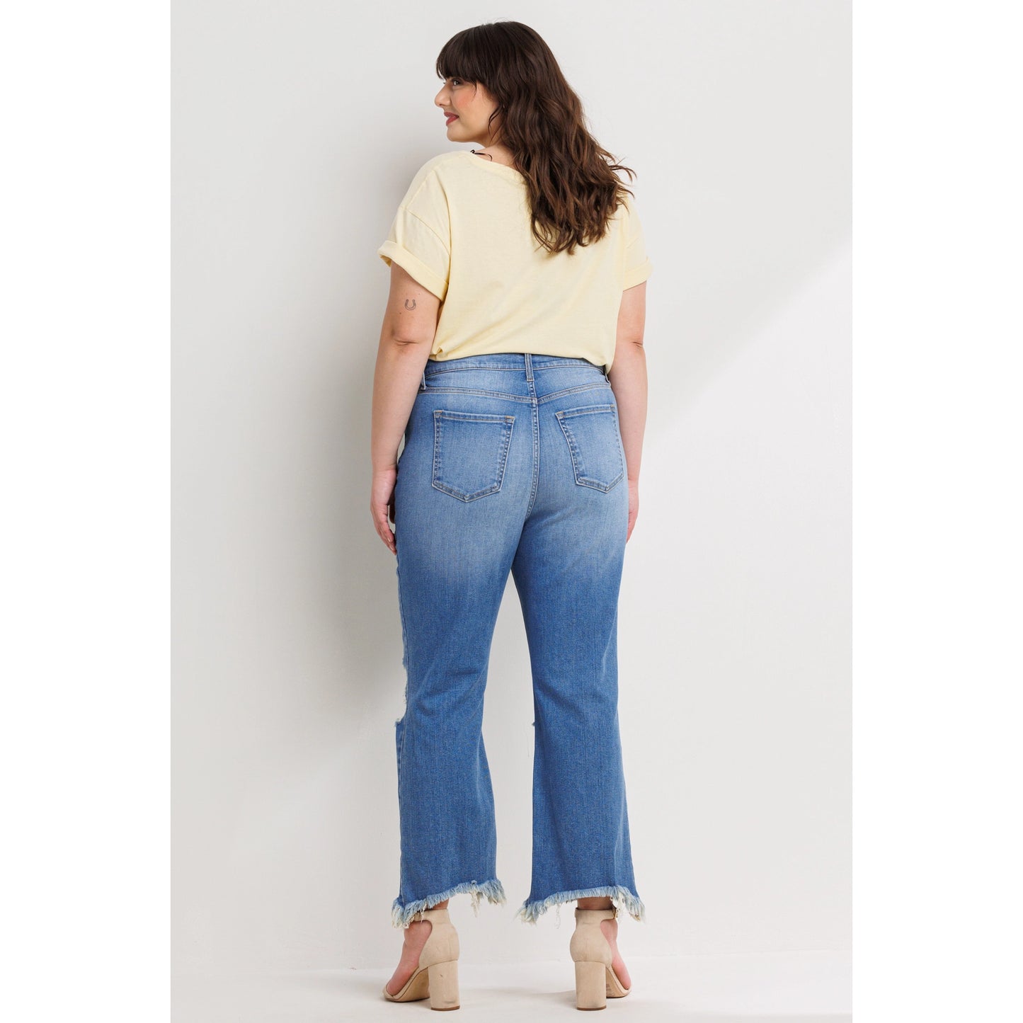 SneakPeek - High Rise Plus Size Straight Leg Jeans with Fray Hen and Distressed Knees