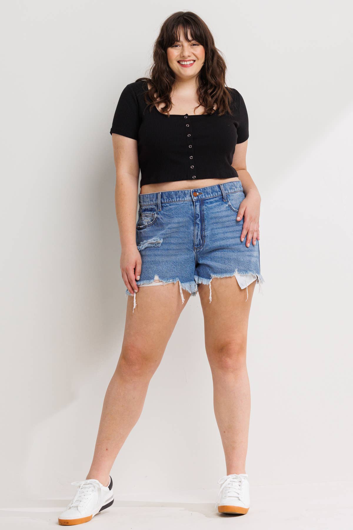 SneakPeek - High Rise Plus Distress Short w/ Frayed Hem