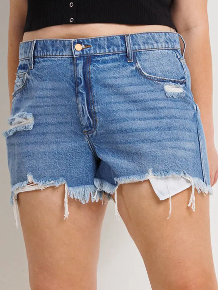 SneakPeek - High Rise Plus Distress Short w/ Frayed Hem