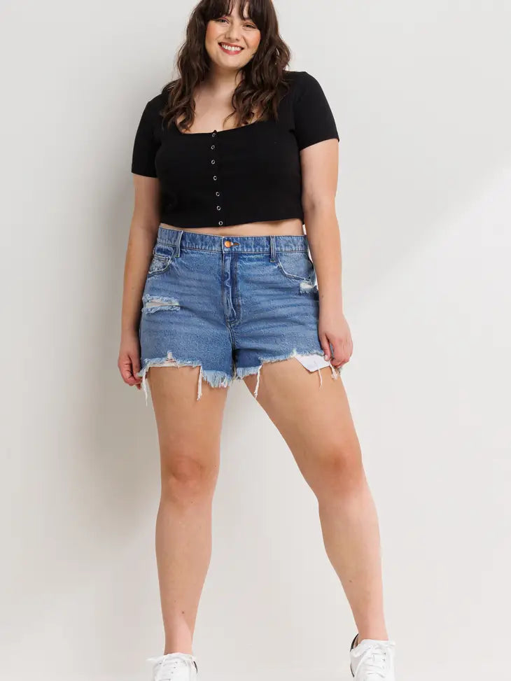 SneakPeek - High Rise Plus Distress Short w/ Frayed Hem