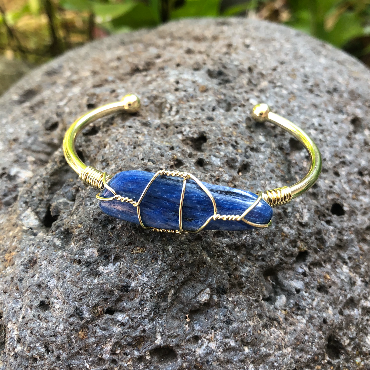 Kyanite Rough Gemstone Gold Bangle Cuff Bracelet by Moon Child