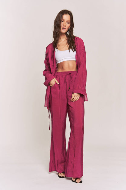 Hers & Mine - Side Slit Open Cardigan and Tie Waist Pants
