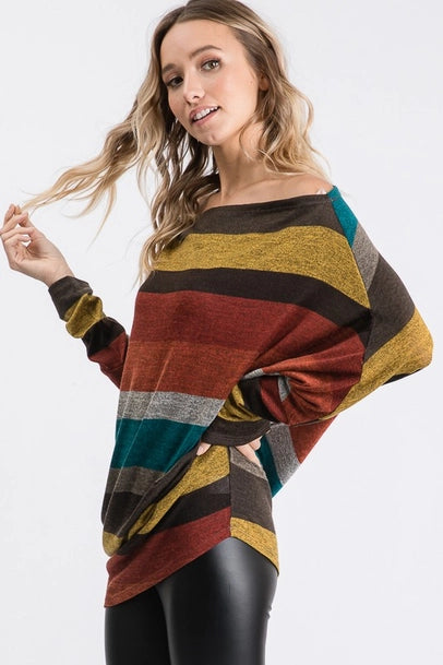 Multi Color Stripe Print Top with One Shoulder