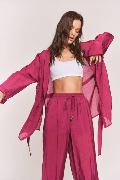 Hers & Mine - Side Slit Open Cardigan and Tie Waist Pants
