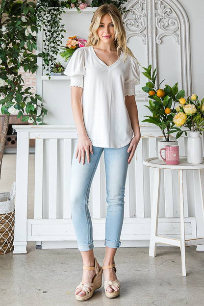 White Puff Sleeve Blouse with Smocked Detail