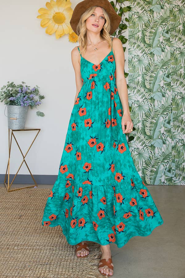 Flower Print Ruffled Flowy Maxi Dress