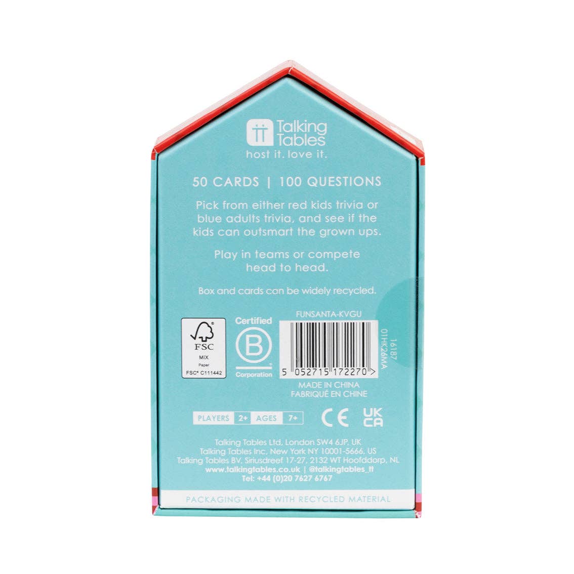Talking Tables USA - Home, Birthday, Games & Seasonal Decor - Santa Kids vs Grown Ups Family Game - 8 Pack Display | Christmas Game |
