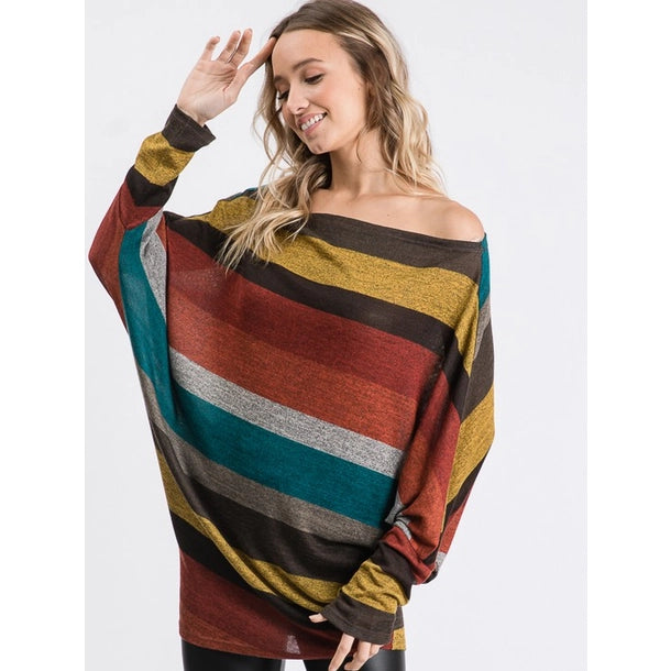 Multi Color Stripe Print Top with One Shoulder