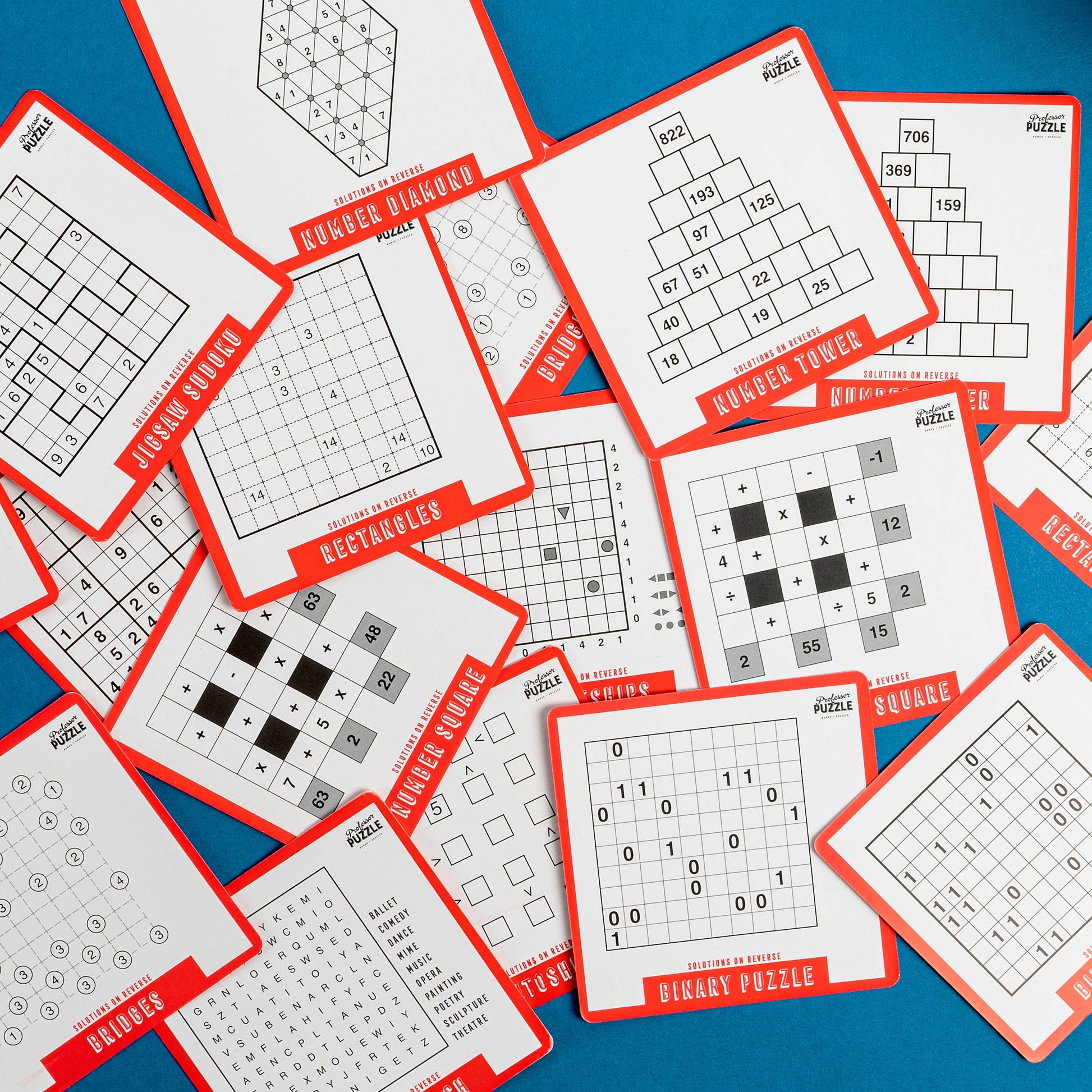Collection of Sudoku and logic puzzles on a blue background