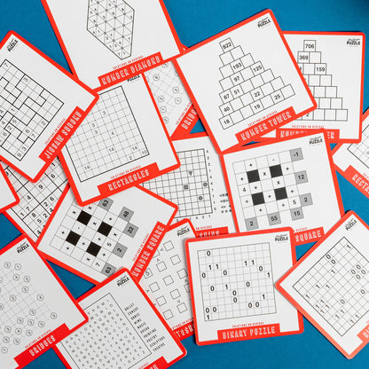 Collection of Sudoku and logic puzzles on a blue background