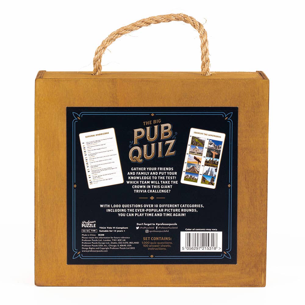Brown box with 'Pub Quiz' game packaging on a white background
