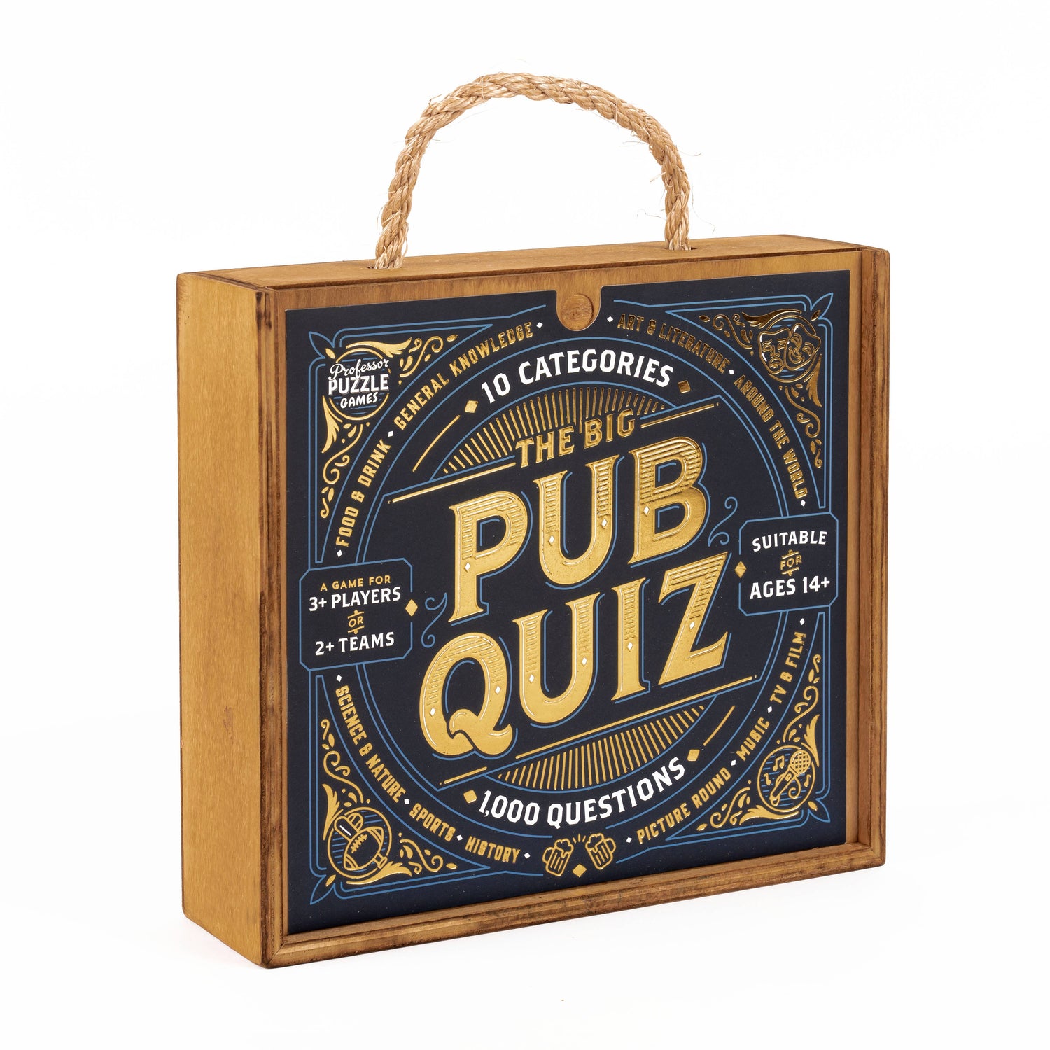 Board game box for 'The Big Pub Quiz' with wooden casing and decorative text.