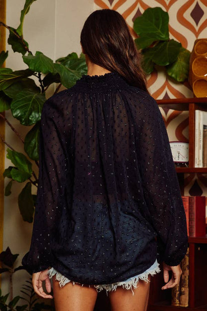 Smoked Stand Collar Glitter Semi-Sheer Blouse