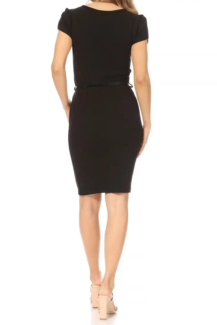 Women's Solid Puff Sleeves Midi Dress with Belt