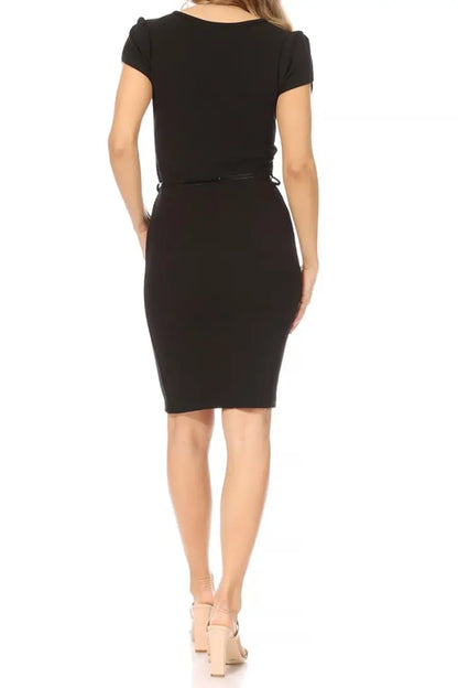 Women's Solid Puff Sleeves Midi Dress with Belt