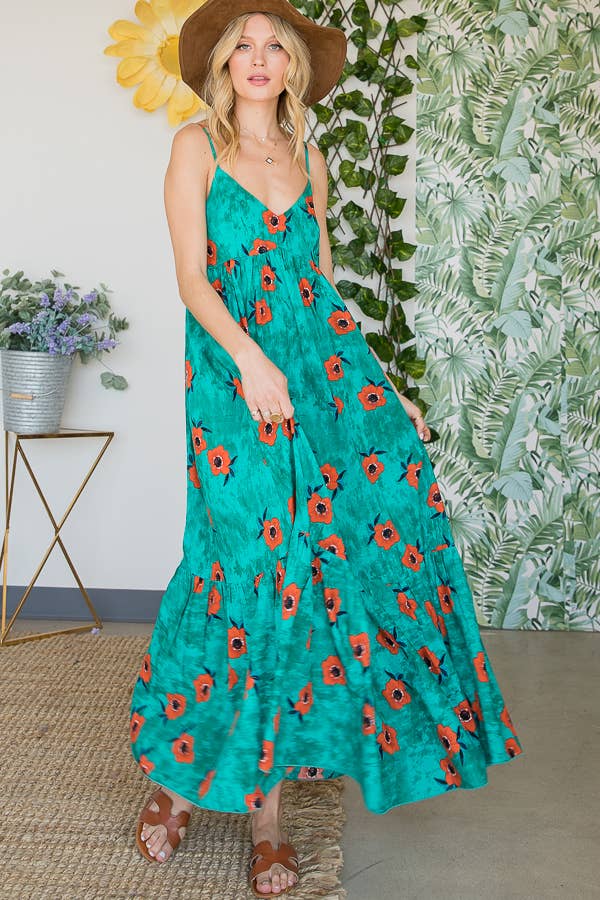 Flower Print Ruffled Flowy Maxi Dress