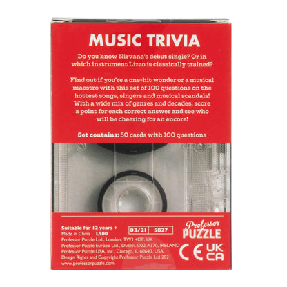 Music trivia game box with red cover and white text on a white background