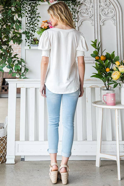 White Puff Sleeve Blouse with Smocked Detail