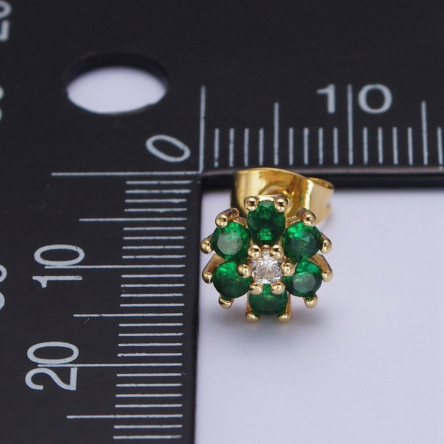 Dainty Emerald Green & Clear Cubic Zirconia Flower Stud Earrings 24K Gold Filled