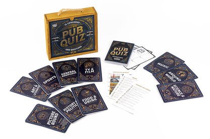 Pub Quiz game set with question cards and instructions on a white background