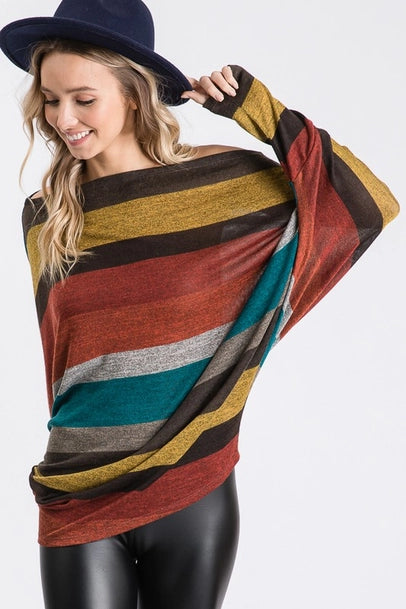 Multi Color Stripe Print Top with One Shoulder