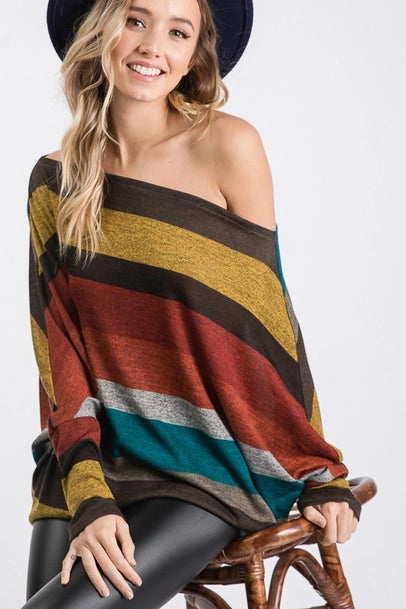 Multi Color Stripe Print Top with One Shoulder