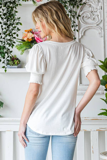 White Puff Sleeve Blouse with Smocked Detail