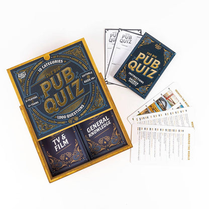 Pub Quiz game set with cards and box on a white background
