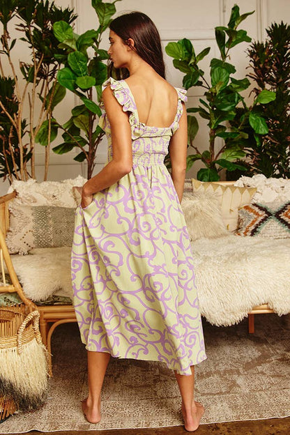 Ruffled Smocked Bodice Woven Midi Dress